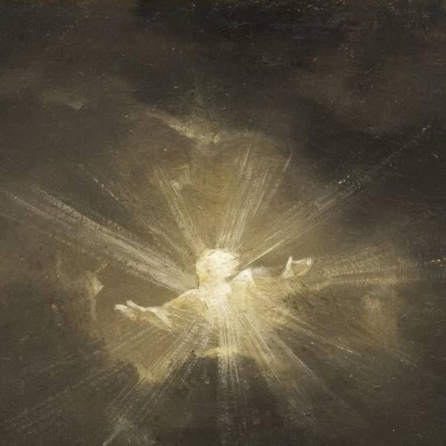 Painting of a human figure dissolving into radiant light against a dark ground