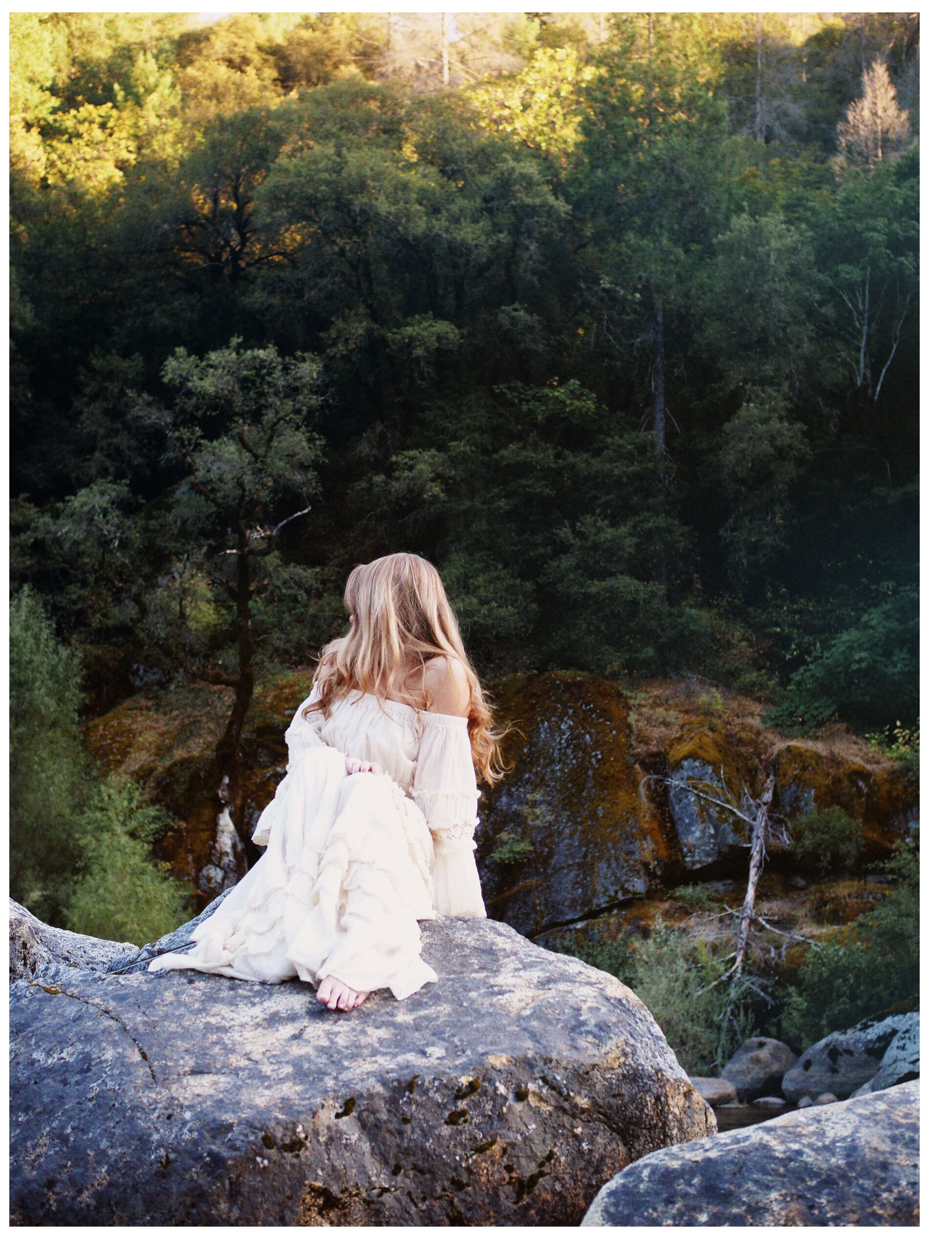 Izzy seated on a boulder overlooking a wooded river canyon